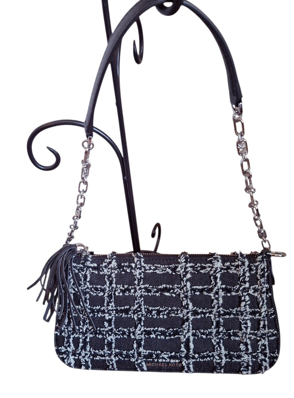 Michael Kors Tweed Black Denim Fringe Chain Crossbody Bag